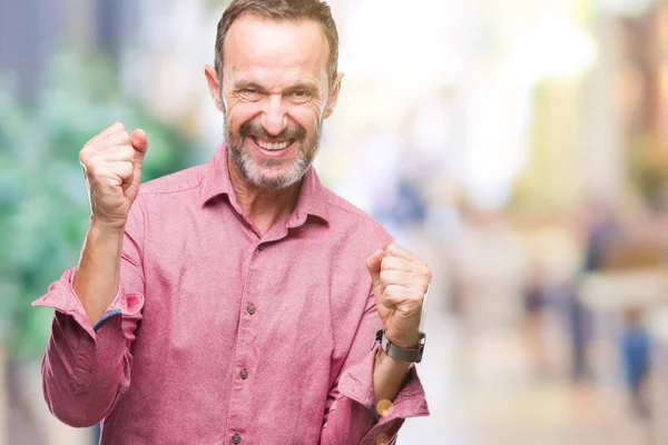 中年白髪年配の男性非常に幸せと興奮の腕を上げ 勝者のジェスチャを行う分離の背景に笑みを浮かべて 成功のために叫んで お祝いのコンセプト — ストック写真