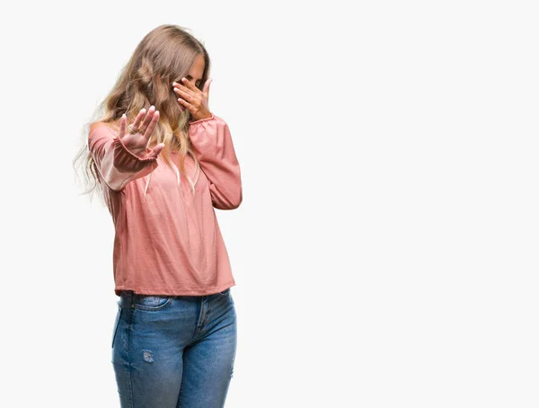 Beautiful Young Blonde Woman Isolated Background Covering Eyes Hands Doing — Stock Photo, Image