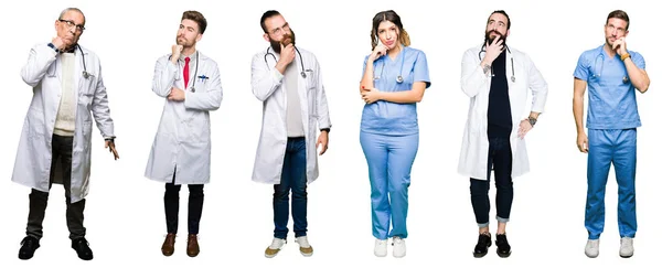 화이트에 의사와 사람의 그룹의 콜라주 손으로 잠겨있는 표현에 사려깊은 의심의 — 스톡 사진