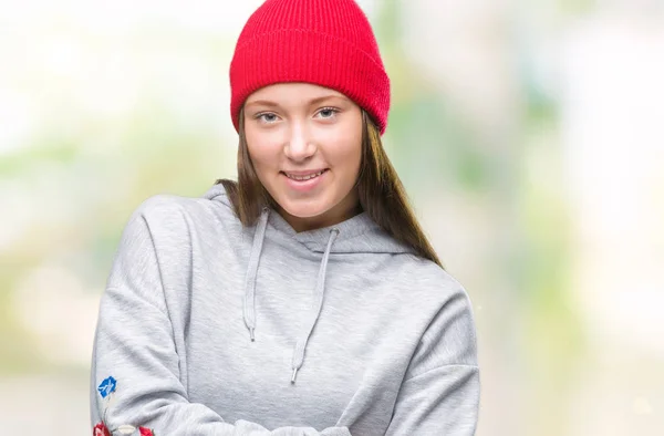 Unga Kaukasiska Vacker Kvinna Klädd Ull Mössa Över Isolerade Bakgrund — Stockfoto