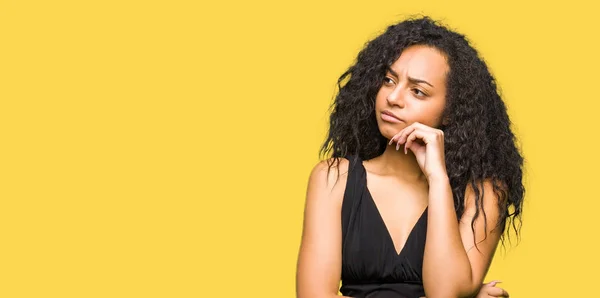 Young Beautiful Girl Curly Hair Wearing Fashion Skirt Hand Chin — Stock Photo, Image