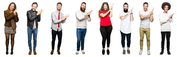 Collage Personer Över Vita Isolerade Bakgrund Klappa Och Applåderar Lyckliga — Stockfoto