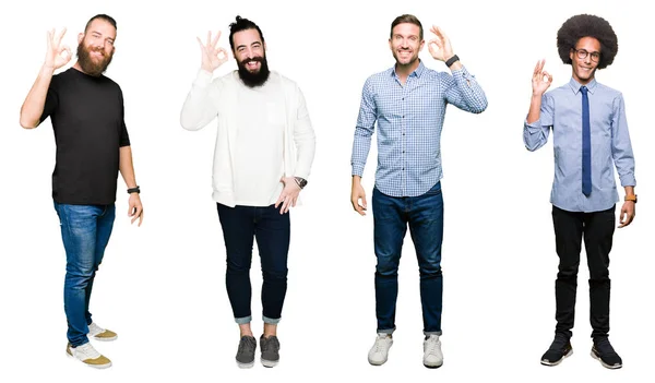 Collage Van Groep Jonge Mannen Witte Geïsoleerde Achtergrond Glimlachend Positieve — Stockfoto