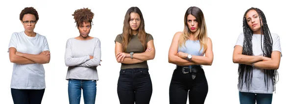 Collage Grupp Unga Kvinnor Över Isolerade Bakgrund Skeptiker Och Nervös — Stockfoto