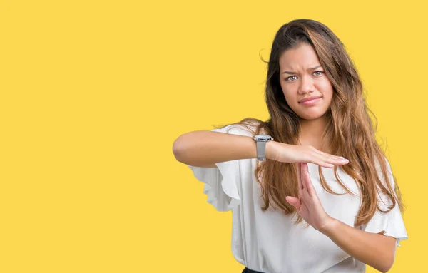 Junge Schöne Brünette Geschäftsfrau Über Isolierten Hintergrund Tun Time Out — Stockfoto