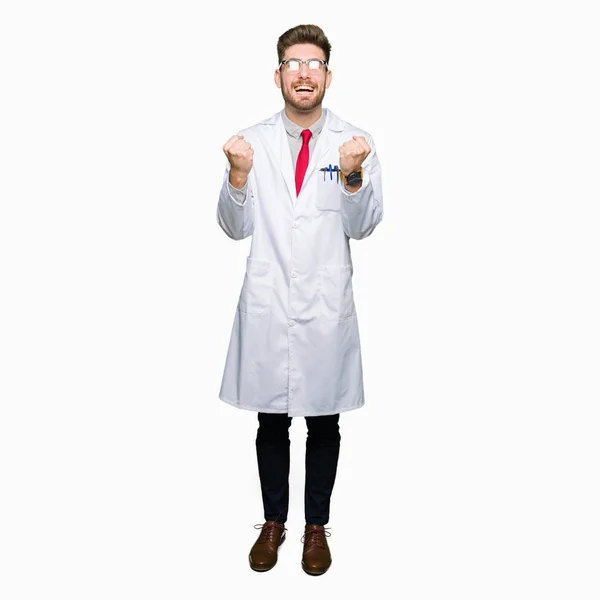 Young Handsome Scientist Man Wearing Glasses Celebrating Surprised Amazed Success — Stock Photo, Image