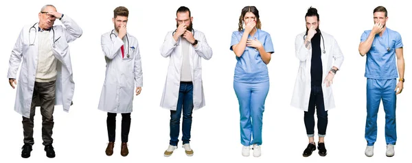 Collage Groupe Médecins Chirurgiens Personnes Sur Fond Blanc Isolé Sentant — Photo
