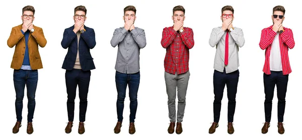 Collage Joven Hombre Negocios Guapo Con Diferentes Miradas Sobre Fondo — Foto de Stock