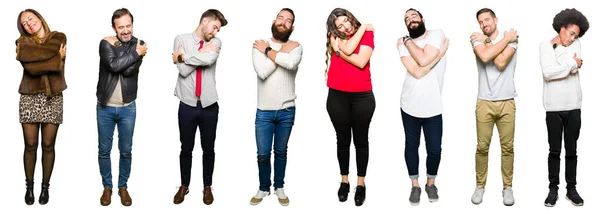 Collage Van Mensen Witte Geïsoleerde Achtergrond Knuffelen Zich Gelukkig Positief — Stockfoto