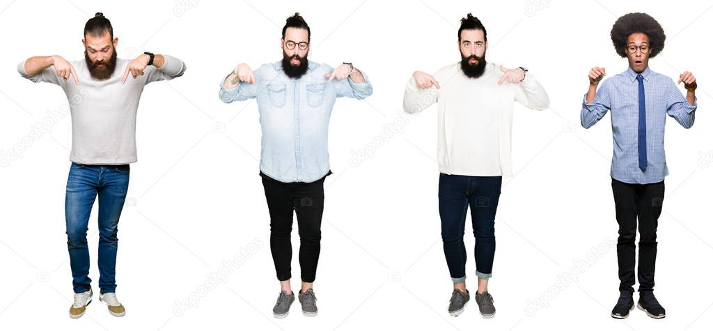 Collage of group of young men over white isolated background Pointing down with fingers showing advertisement, surprised face and open mouth