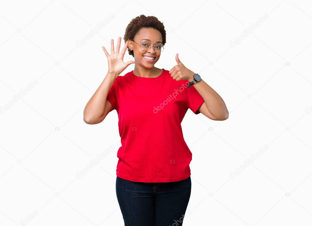 Beautiful young african american woman wearing glasses over isolated background showing and pointing up with fingers number six while smiling confident and happy.