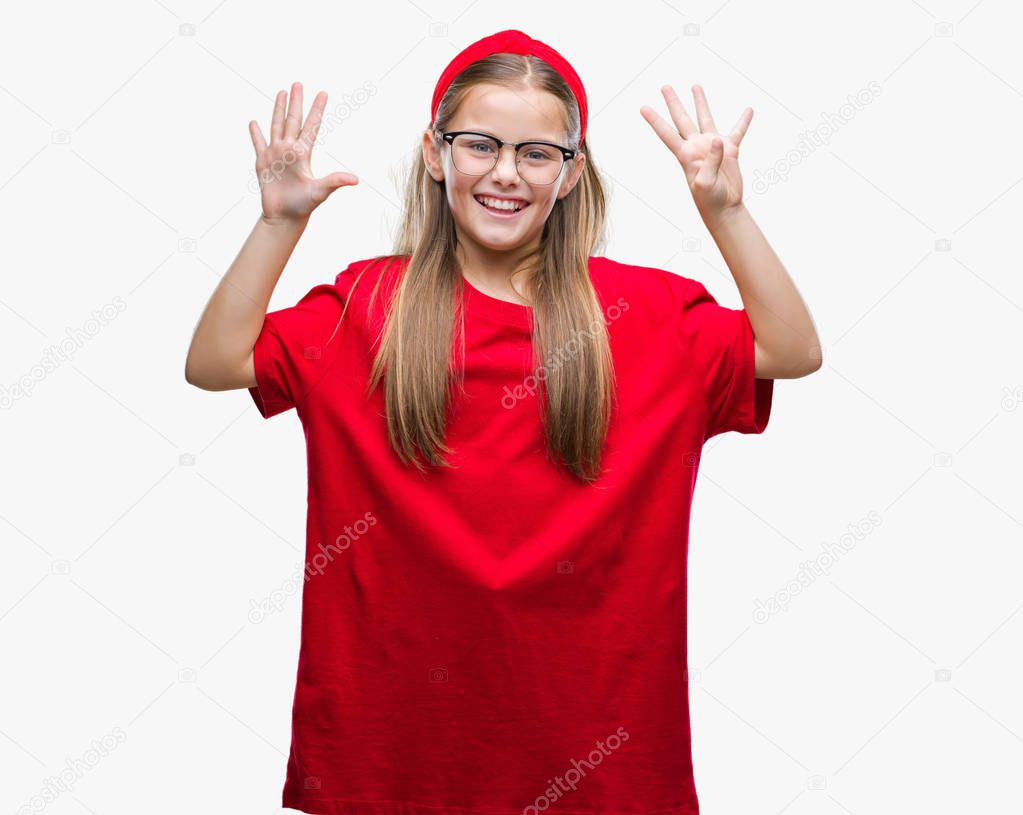 Young beautiful girl wearing glasses over isolated background showing and pointing up with fingers number nine while smiling confident and happy.