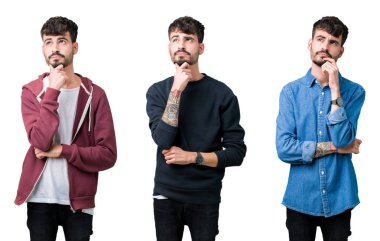 Çene düşünme hakkında soru, dalgın ifade üzerine el ile izole arka plan üzerinde genç adam kolaj. Düşünceli yüzüyle gülümsüyor. Şüphe kavramı.