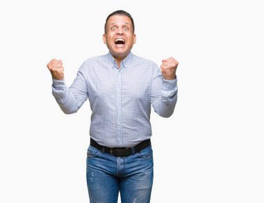 Orta yaş Arap iş adamı izole arka plan kutlama üzerinde şaşırttı ve başarı için kaldırdı kollarını açarak hayret ve gözleri açık. Kazanan kavramı.