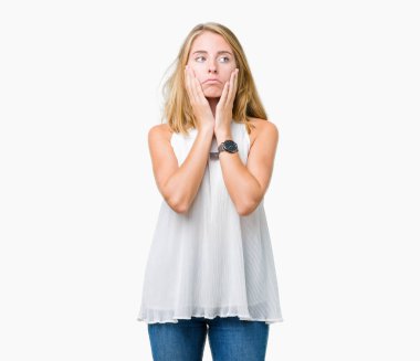 Güzel genç zarif kadın yüzü, depresyon ve üzüntü, kapsayan bıktınız eller izole arka plan yüzünden üzgün ve sorun için tahriş