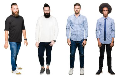 Kolaj Grup Genç üzerinde beyaz bir arka plan şüpheci ve sinir, papatyanın üzgün sorunu nedeniyle izole. Negatif kişi.