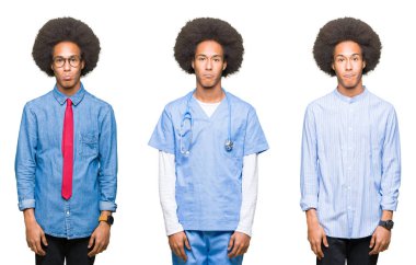 Beyaz izole arka plan üzerinde afro saçlı Genç adam kolaj depresif ve kızgın ve korkmuş ağlıyor sıkıntı için endişeleniyorum. Üzgün ifade.
