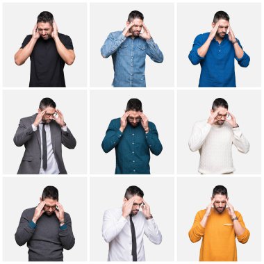 Yakışıklı adam kolaj izole arka plan baş baş ağrısı için el ile çünkü stres. Migren muzdarip.