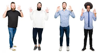 Kolaj bir grup beyaz izole arka plan üzerinde genç erkek dinlenin ve gülümseyen gözlerle kapalı parmak jestle meditasyon yapıyor. Yoga kavramı.