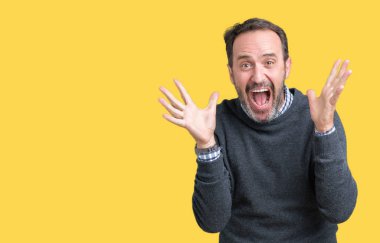 Üzerinde bir kazak giyen yakışıklı orta yaş üst düzey adam deli kutluyor arka plan izole ve silah ile başarı için yükseltilmiş ve açık gözleri heyecanlı çığlık hayrete düşürdü. Kazanan kavramı