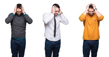 Çünkü çaresiz ve stresli baş ağrısı acı beyaz izole arka plan yakışıklı adam kolaj ağrı ve migren. Ellerini kafasına.