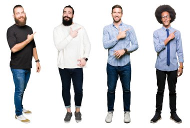 Grup Genç üzerinde beyaz izole arka plan neşeli bir gülümseme ile el ve parmak kadar yan yüzünde mutlu ve doğal ifade ile işaret yüz ile kolaj