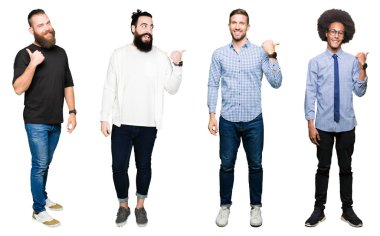 Genç erkekler arıyorum ve başparmak yanında yukarıyı mutlu yüz ile gülümseyen beyaz izole arka plan üzerinde Grubu'nun kolaj.