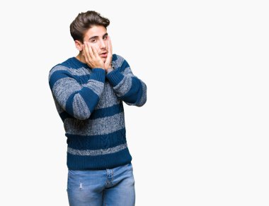 Yüz, depresyon ve üzüntü, kapsayan izole arka plan yorgun eller genç yakışıklı adam üzgün ve sorun için tahriş