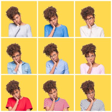 Genç güzel Afrikalı kız seyir yorgun ve bıkkın ile depresyon sorunları karşılıklı silah olan sarı izole arka plan düşünme üzerine kolaj.