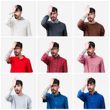 Kafasına hata için el ile izole arka plan üzerinde genç adam kolaj şaşırdım, hata hatırlıyorum. Unuttum, kötü bellek kavramı.