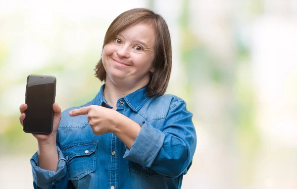 Young Adult Woman Syndrome Showing Smartphone Screen Isolated Background Very — Stock Photo, Image