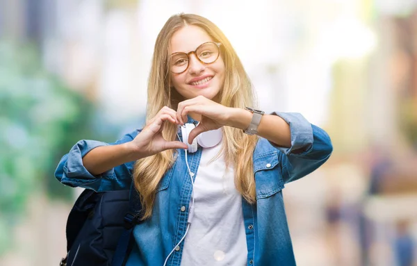 Jeune Belle Étudiante Blonde Portant Des Écouteurs Des Lunettes Sur — Photo