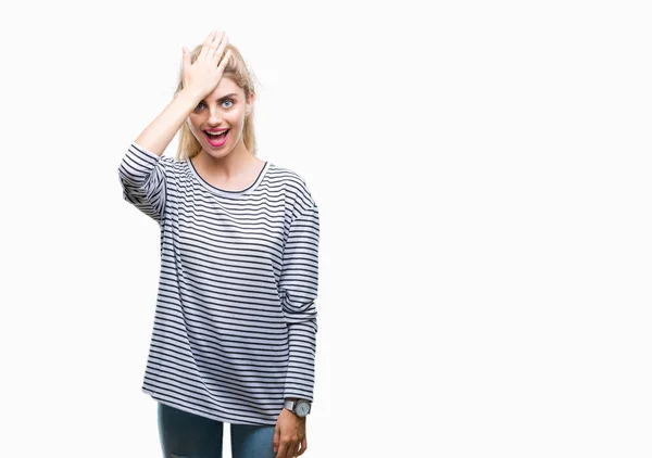 Young Beautiful Blonde Woman Wearing Stripes Sweater Isolated Background Surprised — Stock Photo, Image
