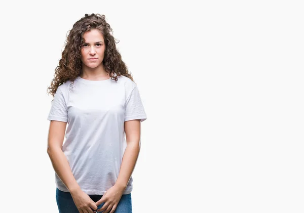 Beautiful Brunette Curly Hair Young Girl Wearing Casual Shirt Isolated — Stock Photo, Image
