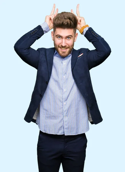Young Handsome Bussines Man Posing Funny Crazy Fingers Head Bunny — Stock Photo, Image