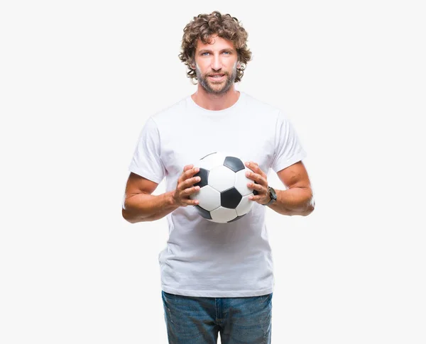 Hombre Hispano Guapo Modelo Sosteniendo Pelota Fútbol Sobre Fondo Aislado — Foto de Stock