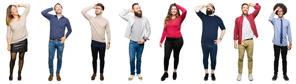 Collage Van Mensen Witte Geïsoleerde Achtergrond Lacht Zelfverzekerd Ontroerende Haar — Stockfoto