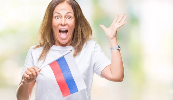 Rusya Nın Bayrak Tutan Orta Yaş Spanyol Kadın Büyük Gülümseme — Stok fotoğraf