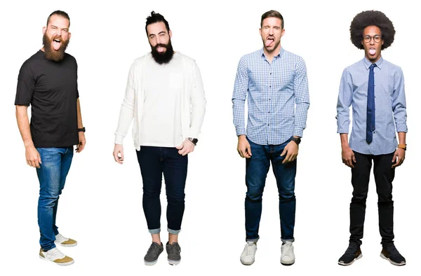 Collage Van Groep Jonge Mannen Witte Geïsoleerde Achtergrond Steken Tong — Stockfoto