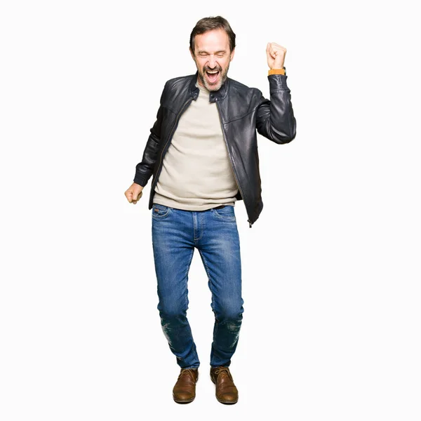 Middle Age Handsome Man Wearing Black Leather Jacket Dancing Happy — Stock Photo, Image