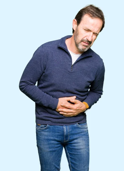 Hombre Guapo Mediana Edad Que Usa Suéter Con Mano Estómago —  Fotos de Stock