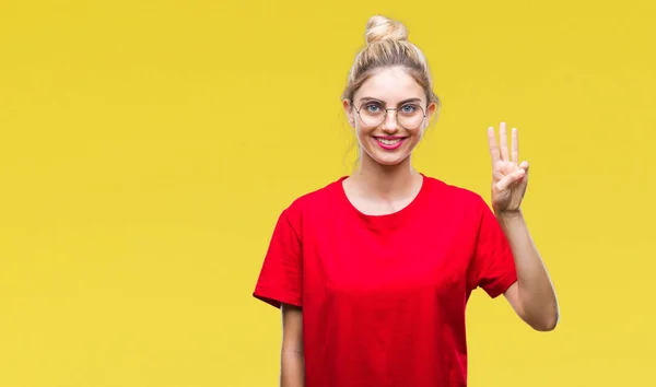 Ung Vacker Blond Kvinna Klädd Röd Shirt Och Glasögon Över — Stockfoto