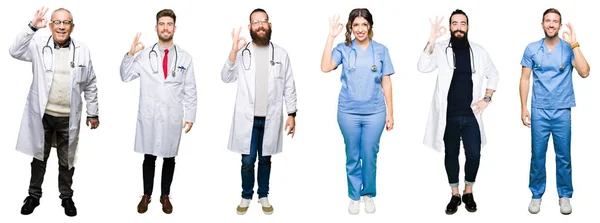 Collage Grupo Médicos Cirujanos Personas Sobre Fondo Blanco Aislado Sonriendo — Foto de Stock