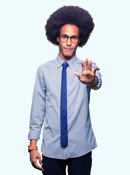 Young African American Business Man Afro Hair Wearing Glasses Doing — Stock Photo, Image