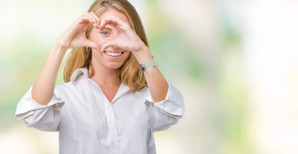 Bella Giovane Donna Affari Sfondo Isolato Fare Forma Cuore Con — Foto Stock