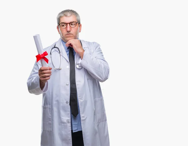 Handsome Senior Doctor Man Holding Degree Paper Isolated Background Serious — Stock Photo, Image