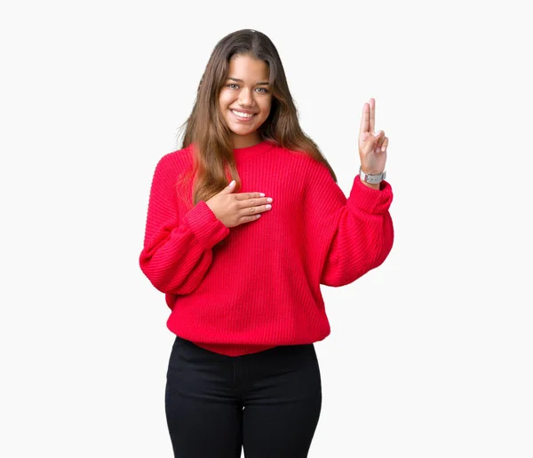 Giovane Bella Donna Bruna Che Indossa Maglione Invernale Rosso Sfondo — Foto Stock