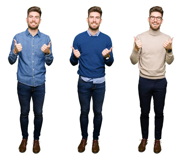 Collage Joven Hombre Negocios Guapo Sobre Blanco Signo Éxito Fondo —  Fotos de Stock