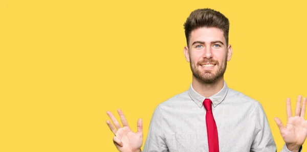 Young Handsome Business Man Showing Pointing Fingers Number Nine While — Stock Photo, Image