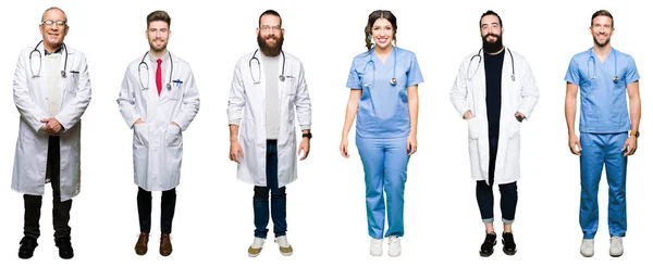 Koláž Skupiny Lékařů Chirurgů Lidí Bílé Izolované Pozadí Príma Úsměvem — Stock fotografie